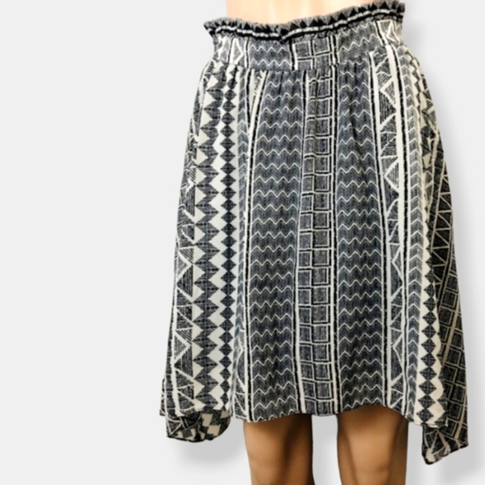 BAR III Tribal Geometric High-Low Skater Skirt Cream Black